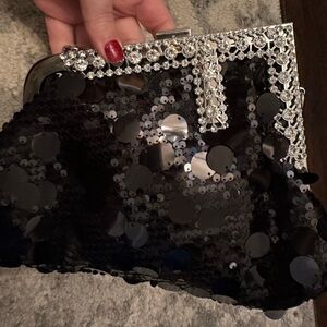 Elegant Black Sequin Clutch with Silver Accents